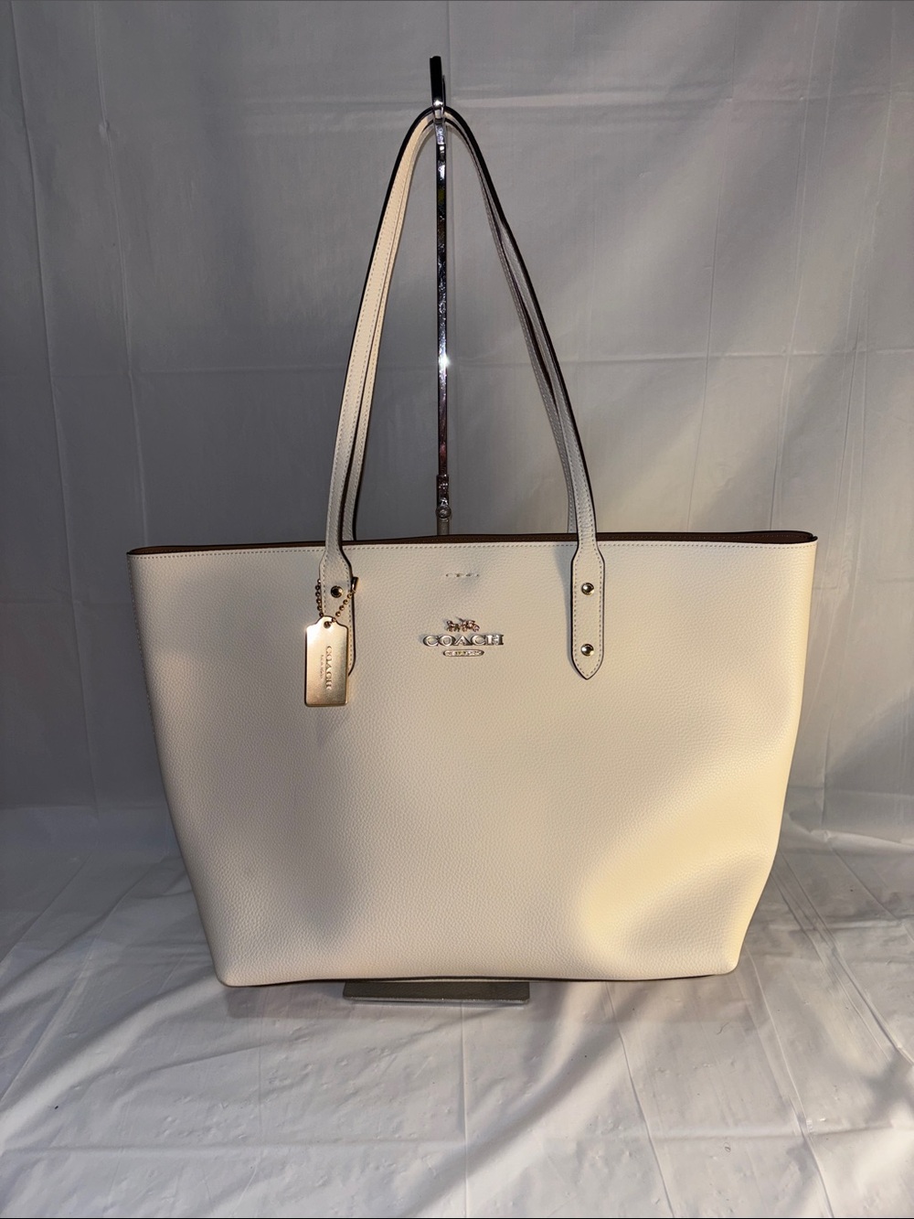 Coach Cream Pebbled Leather Tote with Gold Accent (L16/H11/bottom W6)